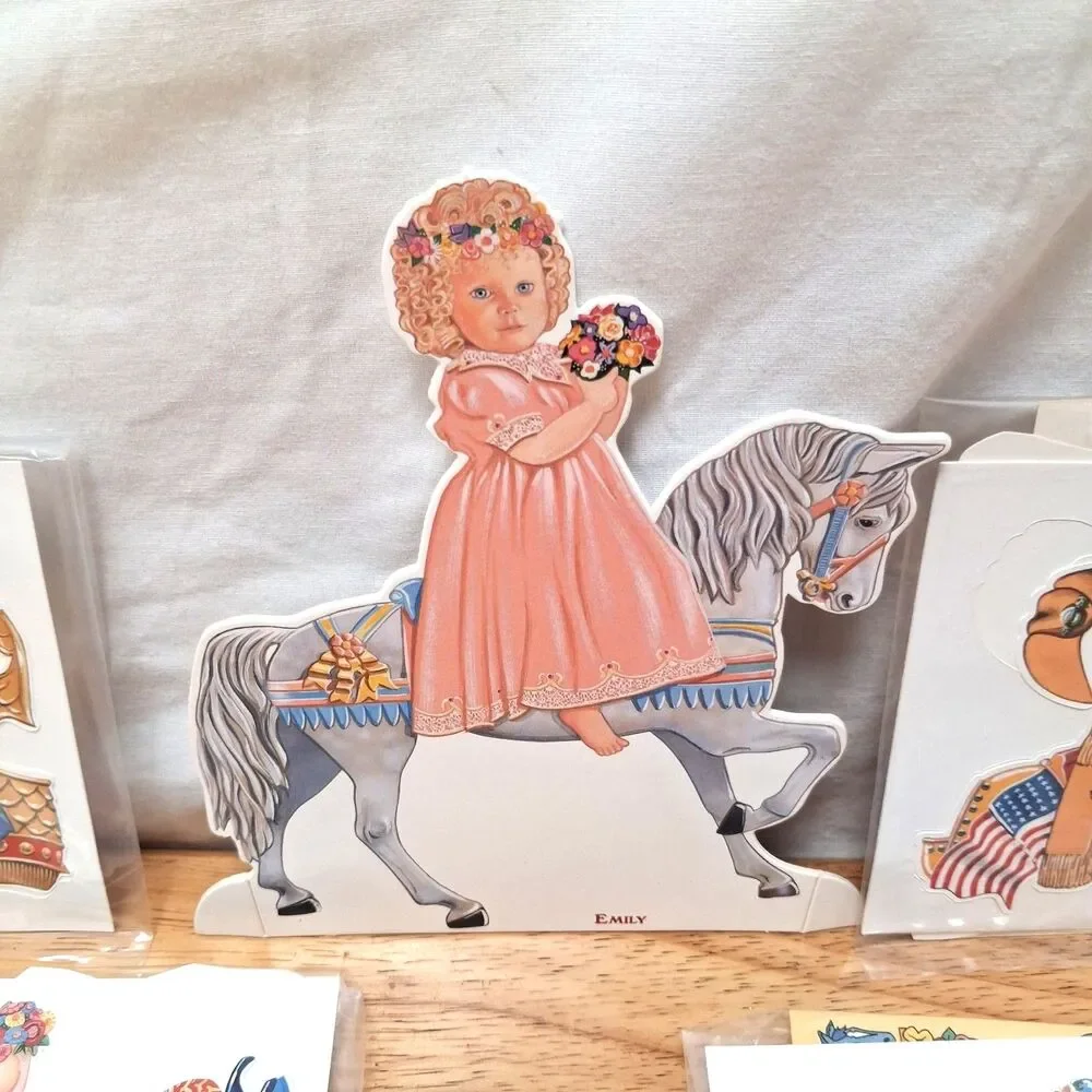 Vintage KIDOODLES Vinyl Cling Doll Girl on Horse 4 Clothing Sets Peck Aubry 1996